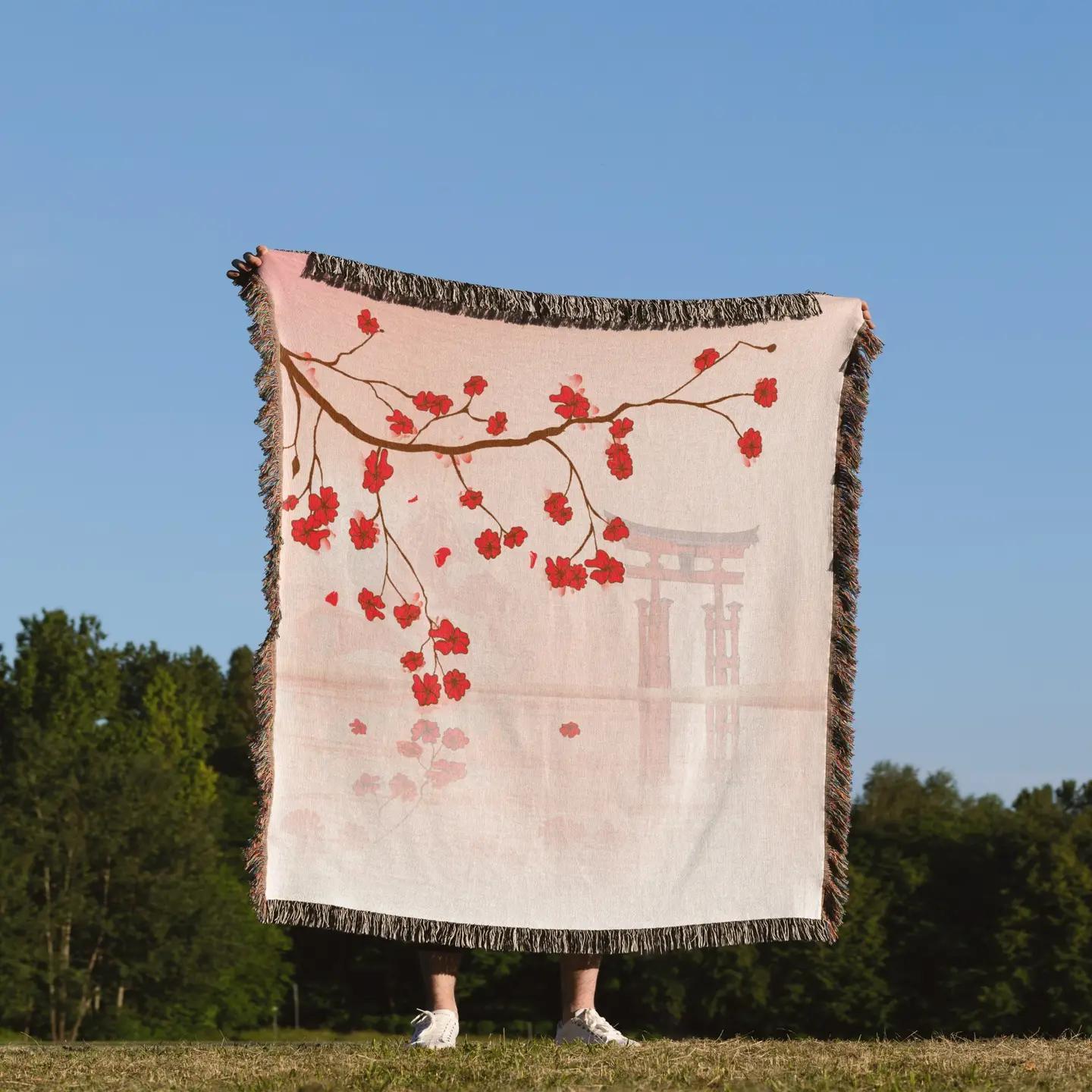 Japanese Sakura Red Cherry Blossom Blanket