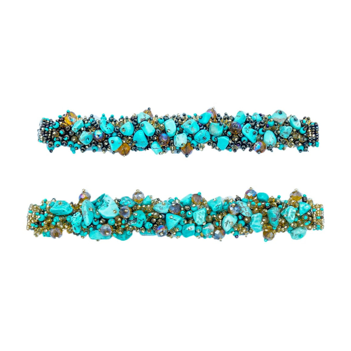 Two turquoise beaded bracelets on a white background