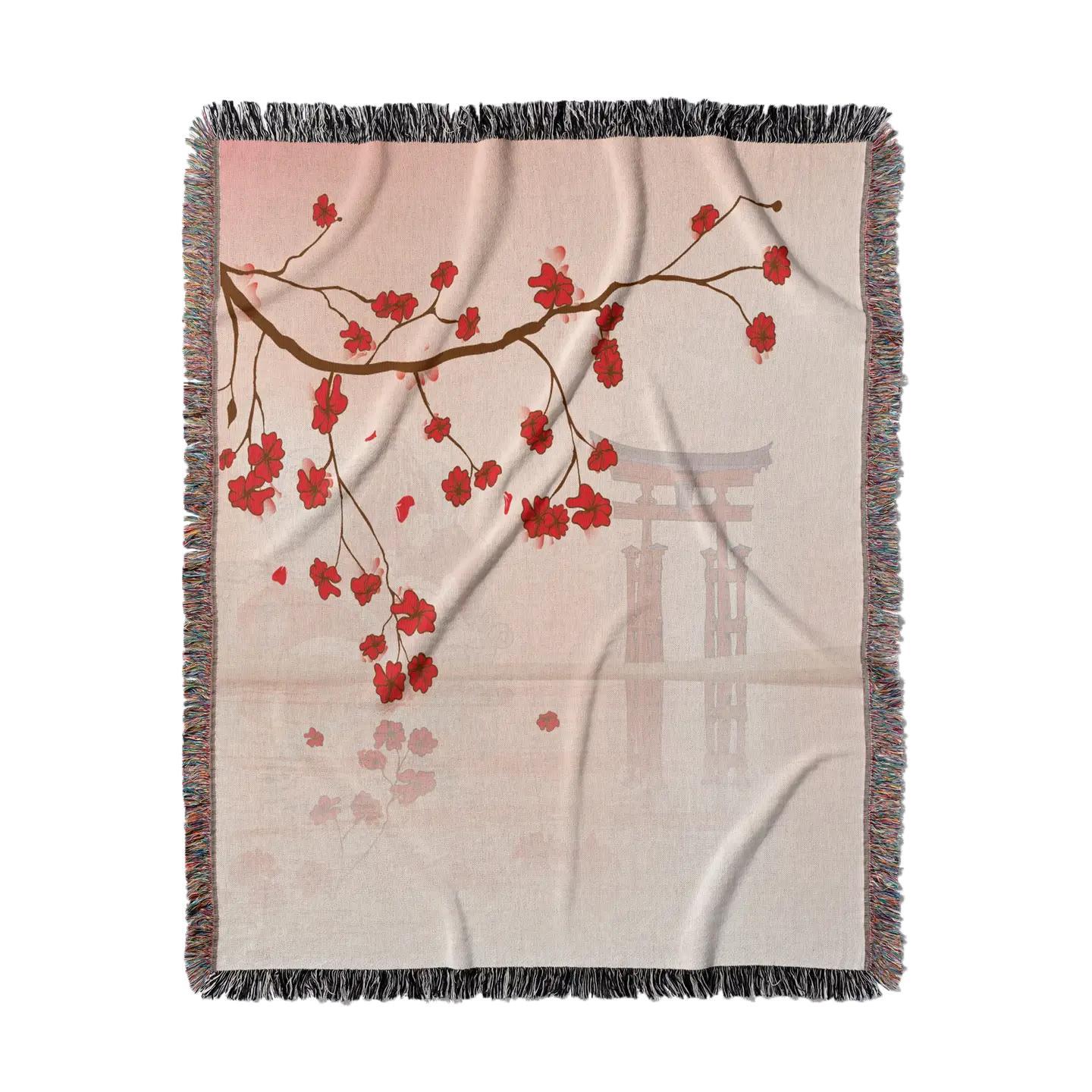 Japanese Sakura Red Cherry Blossom Blanket